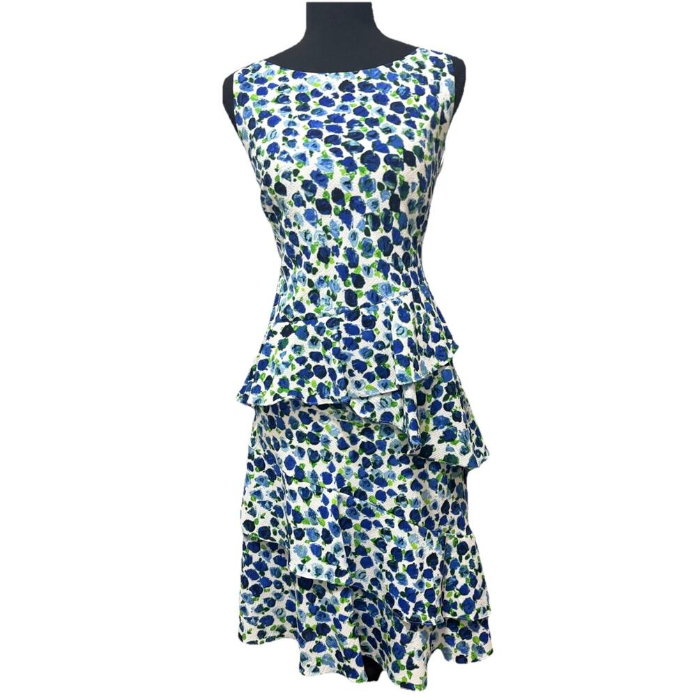 Lauren Ralph Lauren Floral Tiered Ruffle Dress Women 12 Blue Green Sleeveless